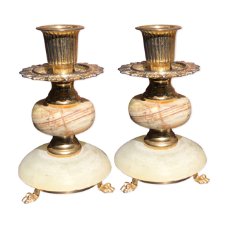 Pair of brass and marble candle holders