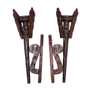 paire de bougeoirs bois brutaliste