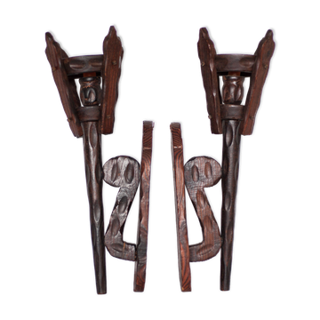 Paire de bougeoirs bois brutaliste