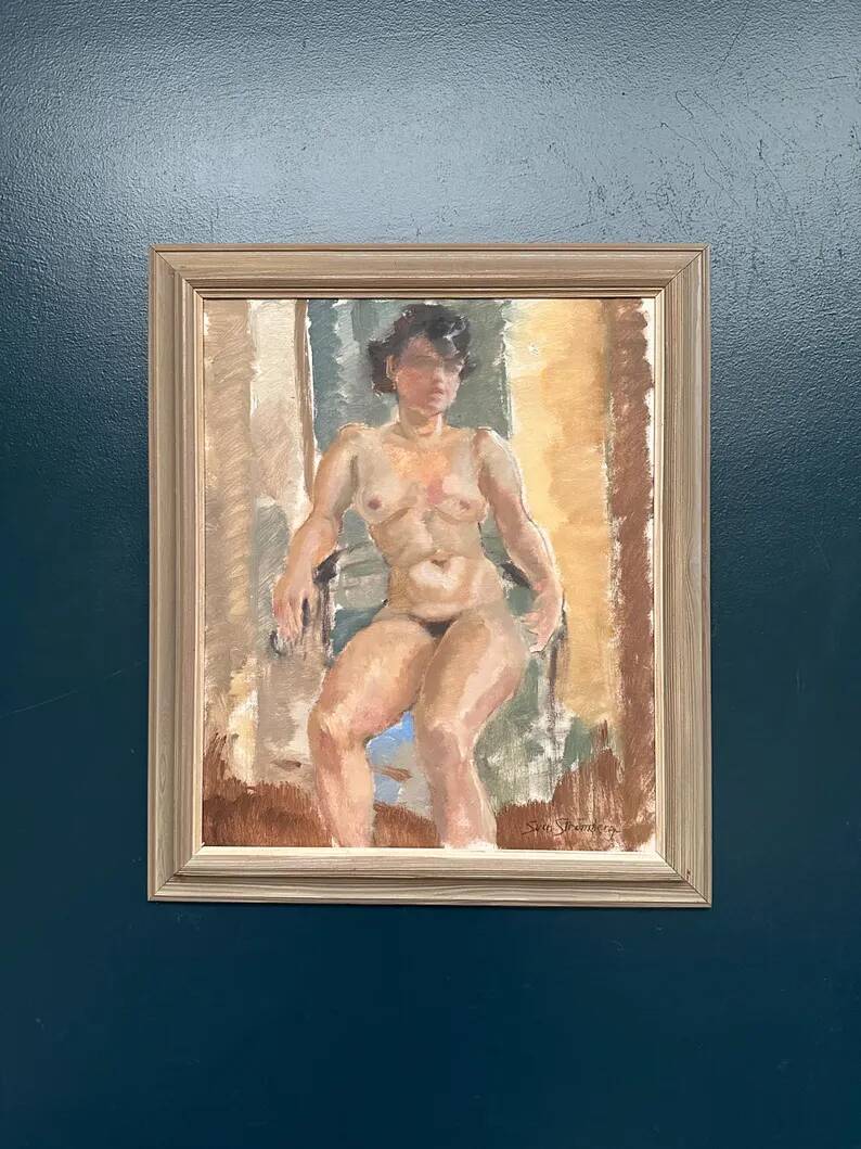 Huile sur toile originale – “Dame assise” par Sven Strömberg – Signée – Vintage et encadrée