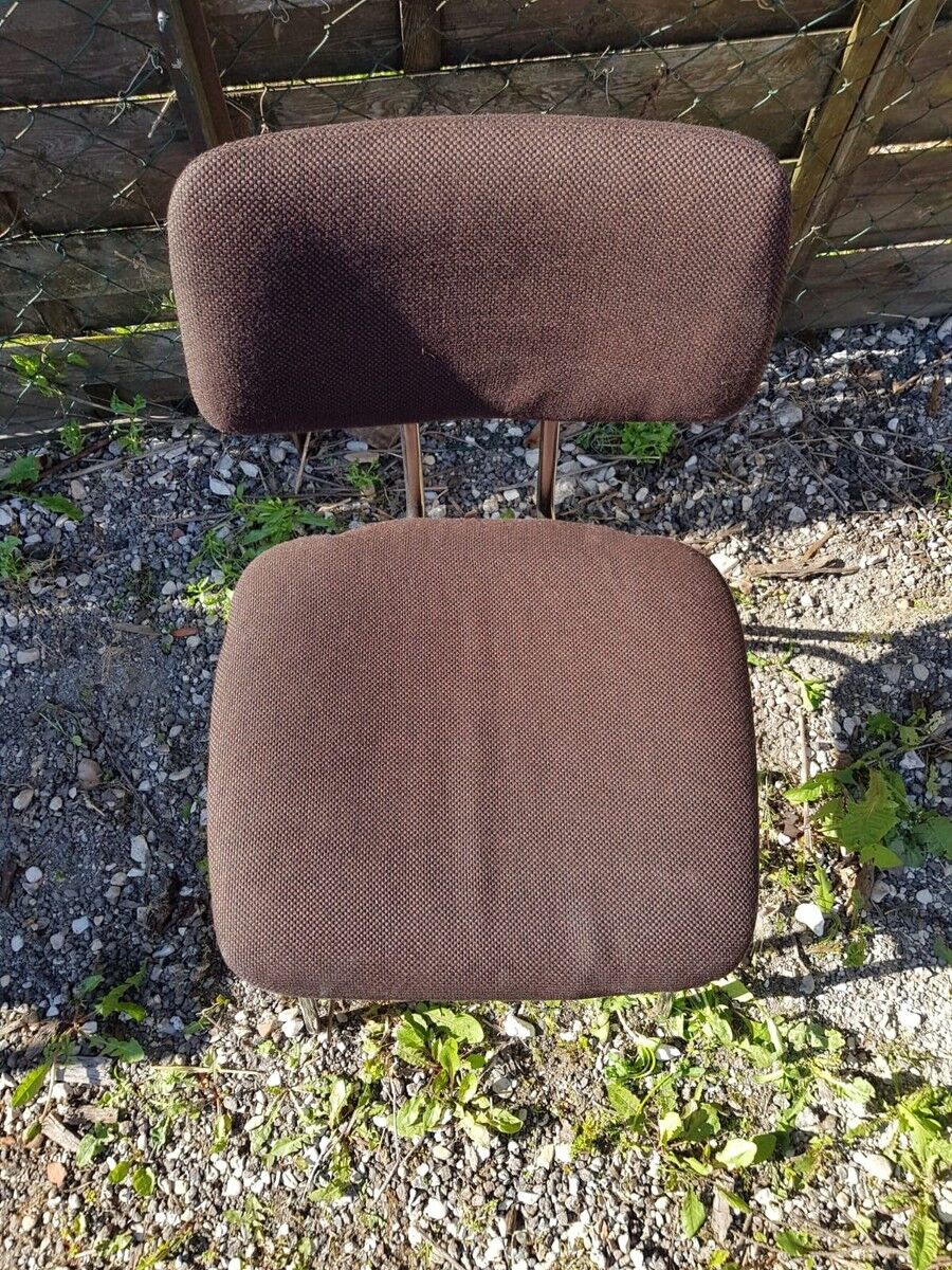 Pair of Vintage 1970s Chrome Metal Chairs with Brown Fabric #D