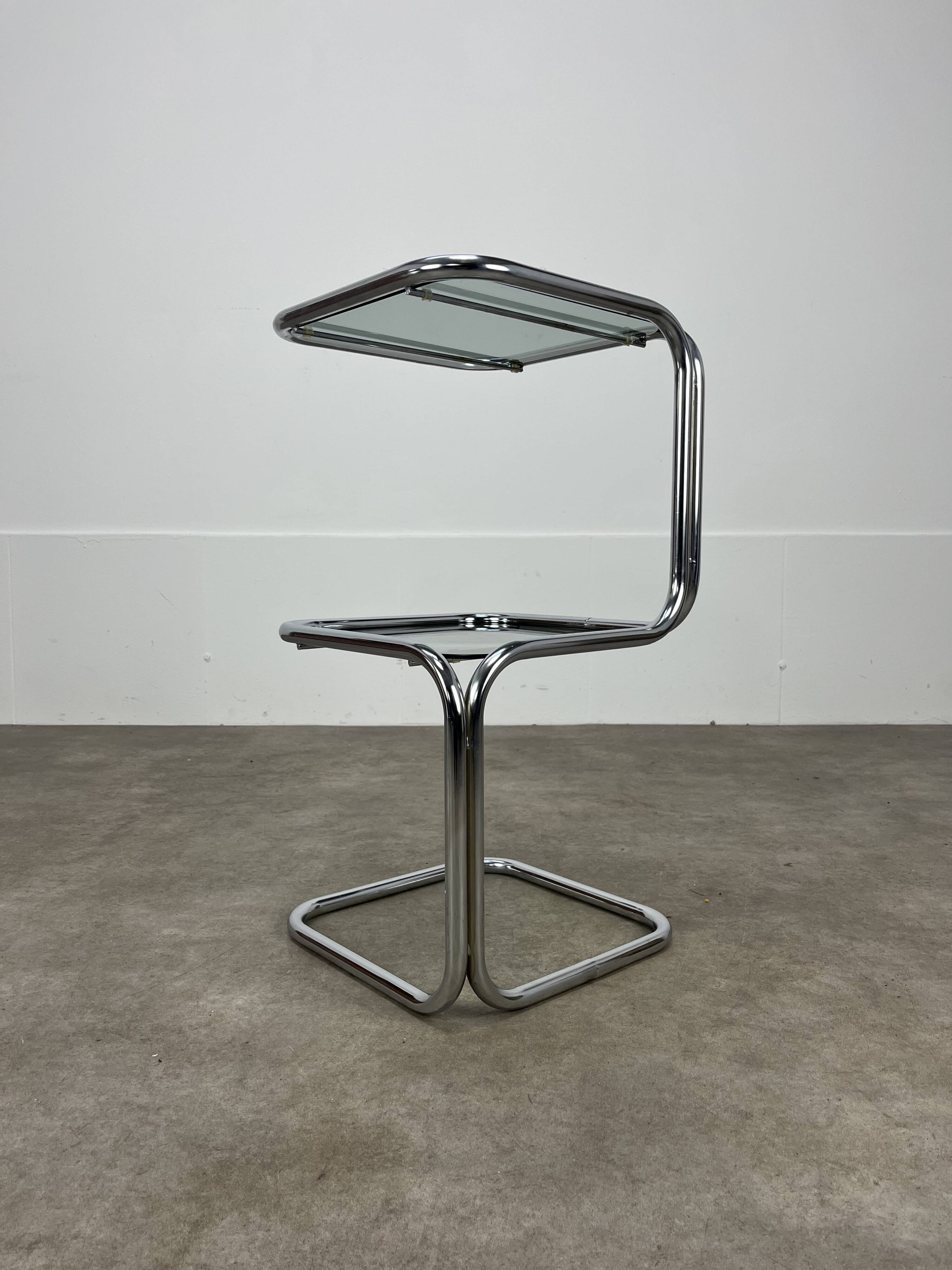 70s pedestal table, chrome and smoked glass side table