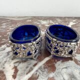 Antique, pair of salerons, silver plated, goldsmith hallmark, putti decoration, grape