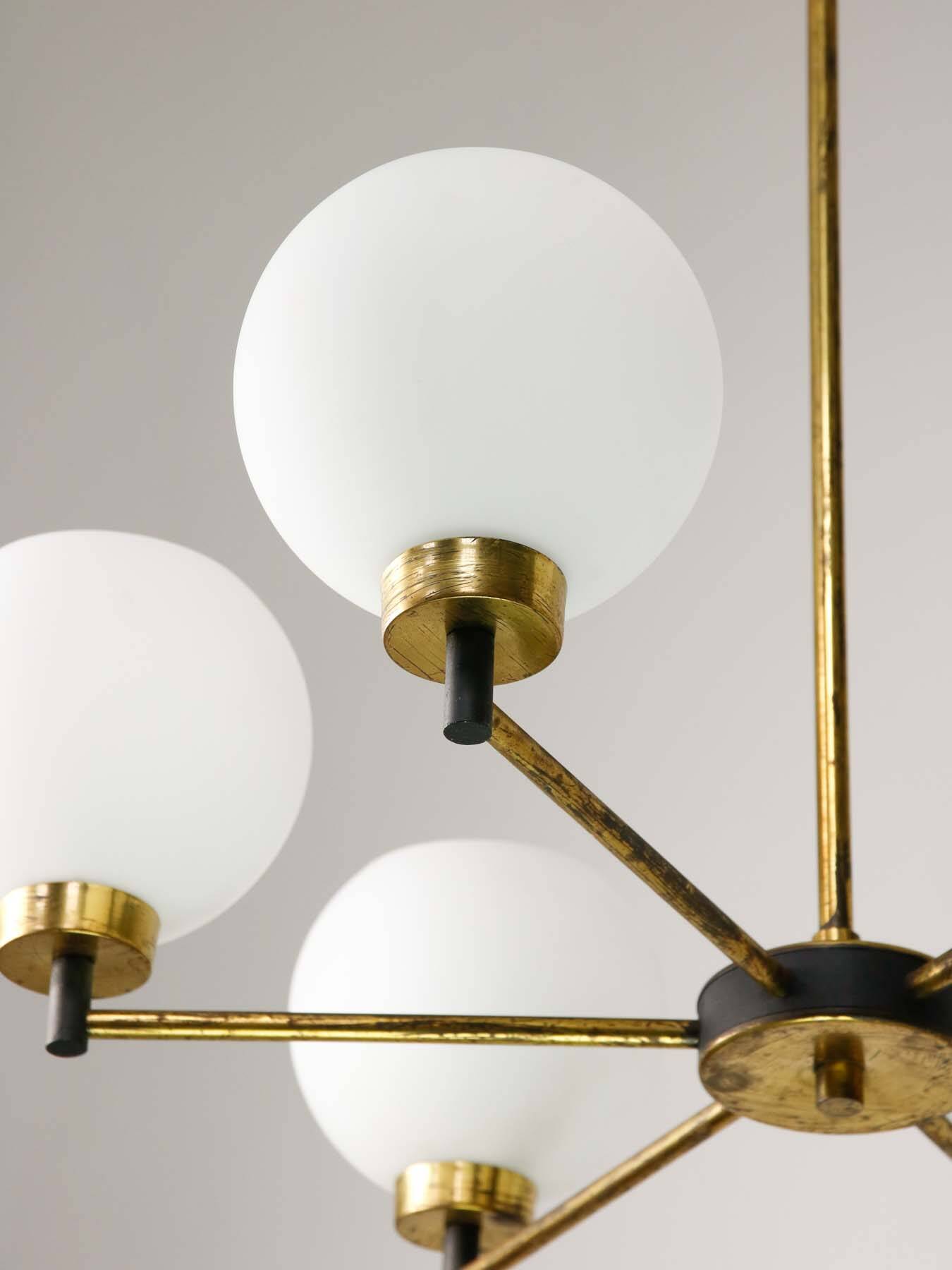 Mid-century Italian Brass and Opaline Chandelier