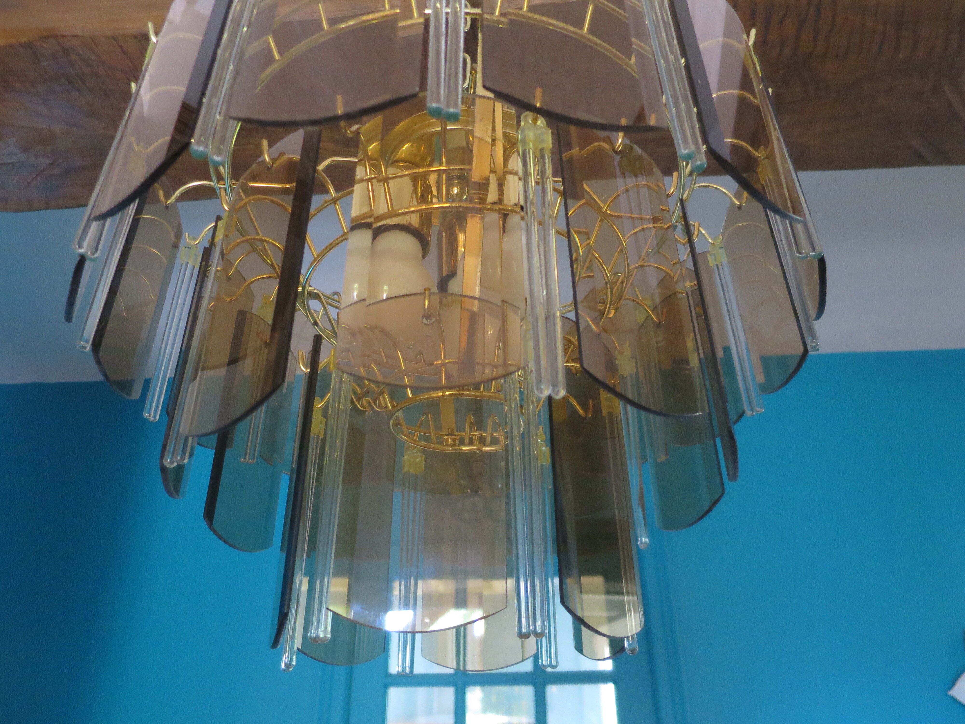 Suspension chandelier 3 rows plates smoked glass and tassels
