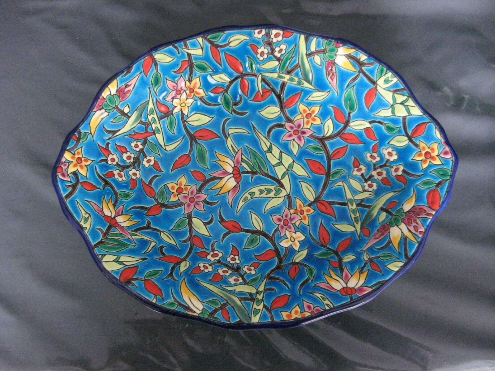 Panière enamels de Longwy decoration turquoise blue background and flowers