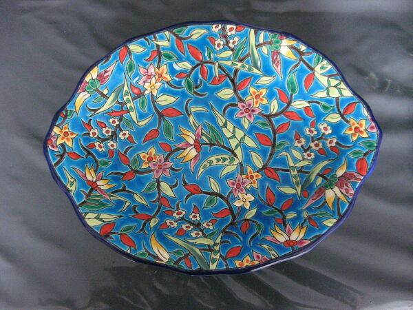Panière émaux de Longwy décor fond bleu turquoise et fleurs
