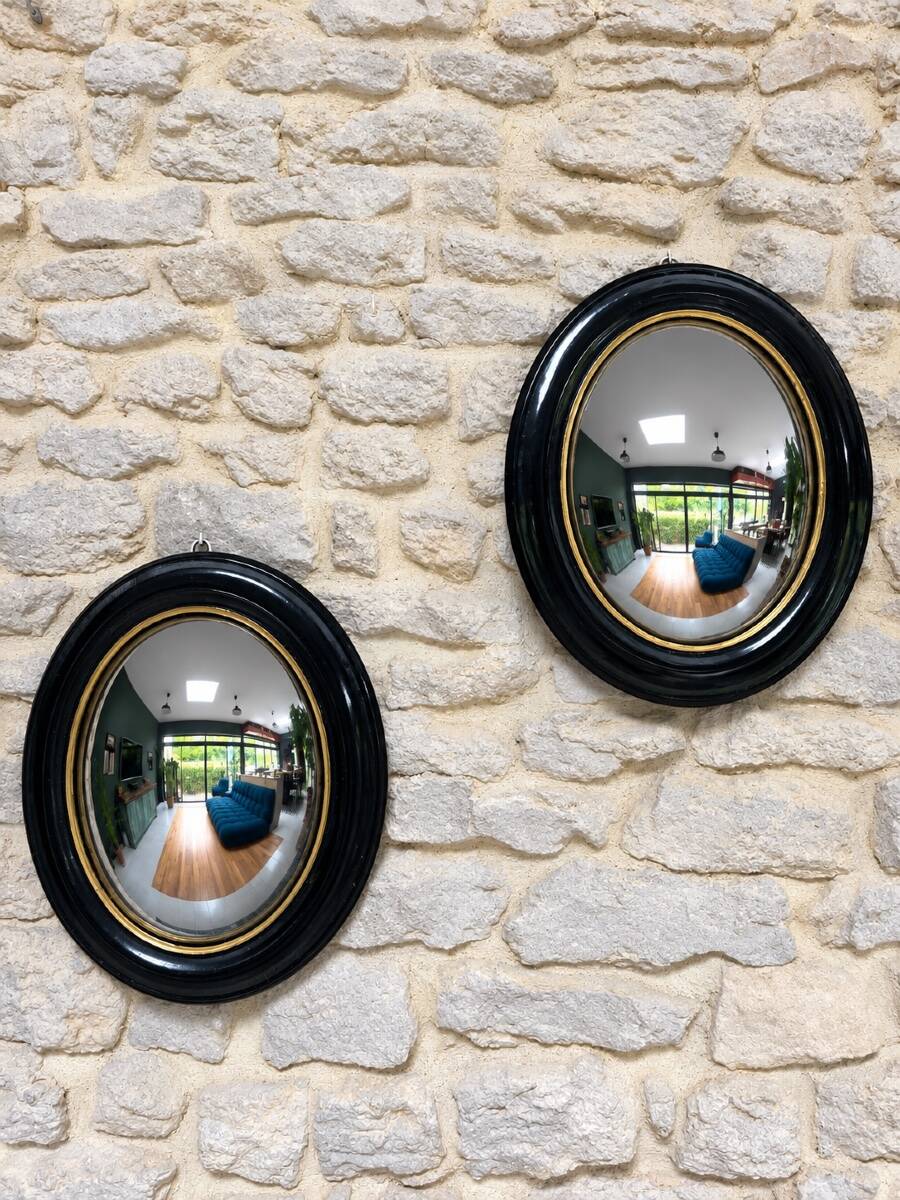 Pair of witch mirrors from the Napoleonic III era, 42.5/34.5cm, black and gold, curiosity, glass.