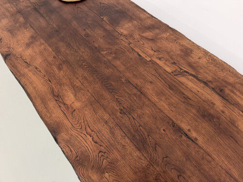 Brutalist farmhouse table in solid oak, 270 cm, 1920s.