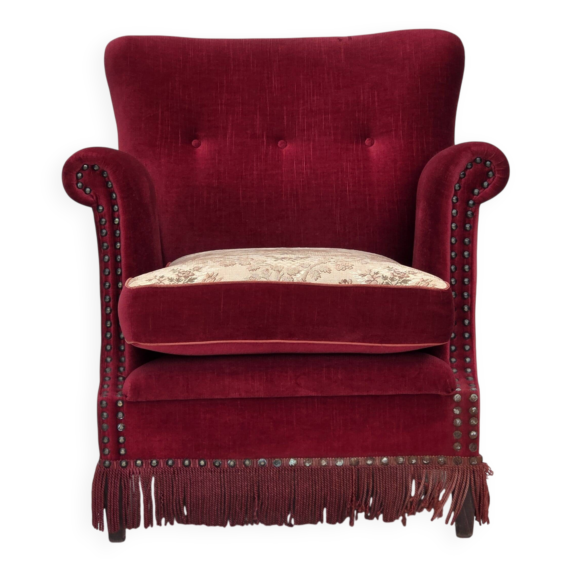 1970s, Danish armchair, red furniture velour, ash wood.