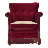 1970s, Danish armchair, red furniture velour, ash wood.