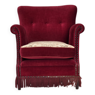 1970s, Danish armchair, red furniture velour, ash wood.