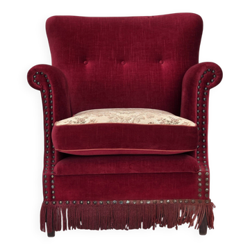 1970s, Danish armchair, red furniture velour, ash wood.