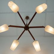 1960s mid century sputnik 8-light CHANDELIER teak brass glass ceiling light