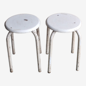 Pair of Manufrance stools in wood and white metal