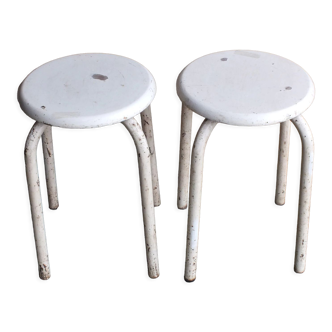 Pair of Manufrance stools in wood and white metal