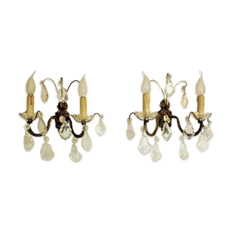 Pair vintage french double bronze glass and crystal wall lights 3310