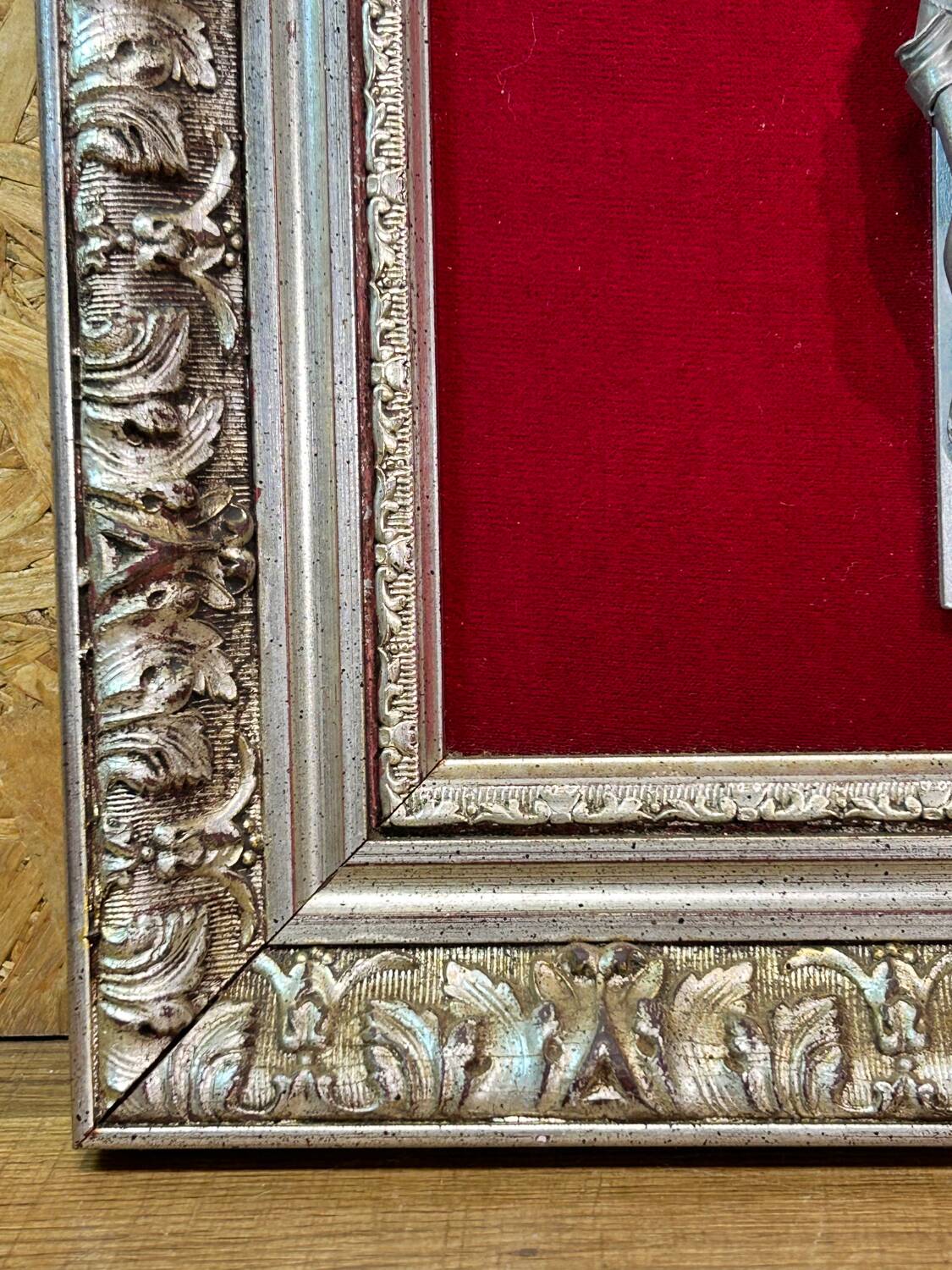 Crucifix, christ, on red velvet frame, silver wood, 50s, 60s, vintage