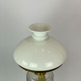 Kerosene lamp of brass with white opaline glass shade and orange glass stem, 1860s