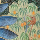 Painted canvas depicting monkeys on a fruit tree. Contemporary.