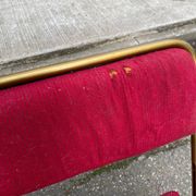 2 folding opera chairs Lafuma France 1970 in gold and burgundy.