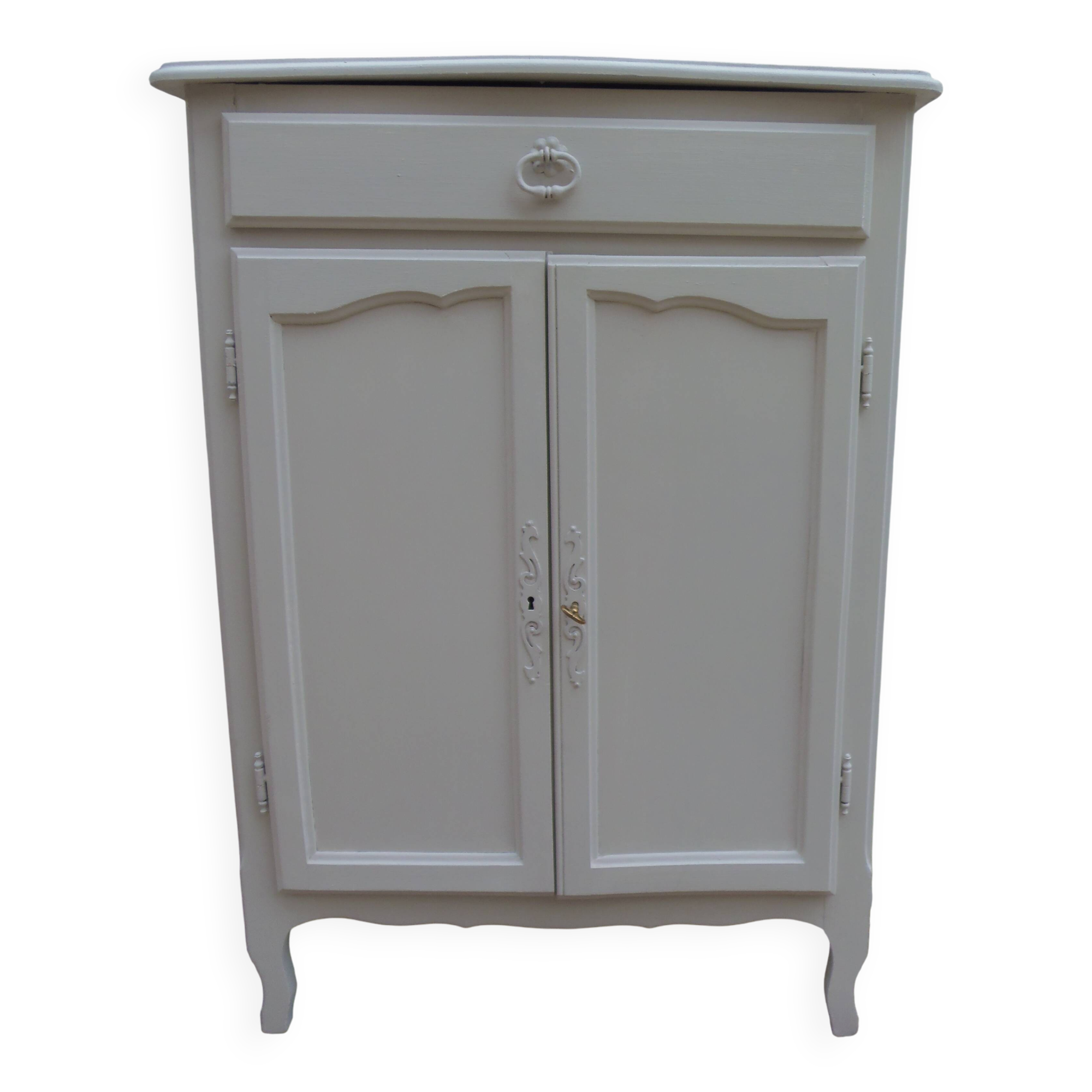 Small vintage buffet reimagined in pearl grey, wooden top.