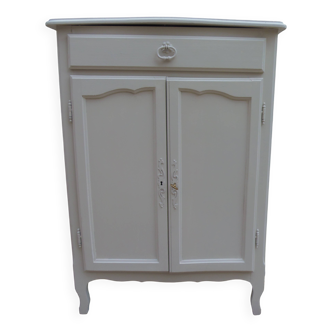 Small vintage buffet reimagined in pearl grey, wooden top.