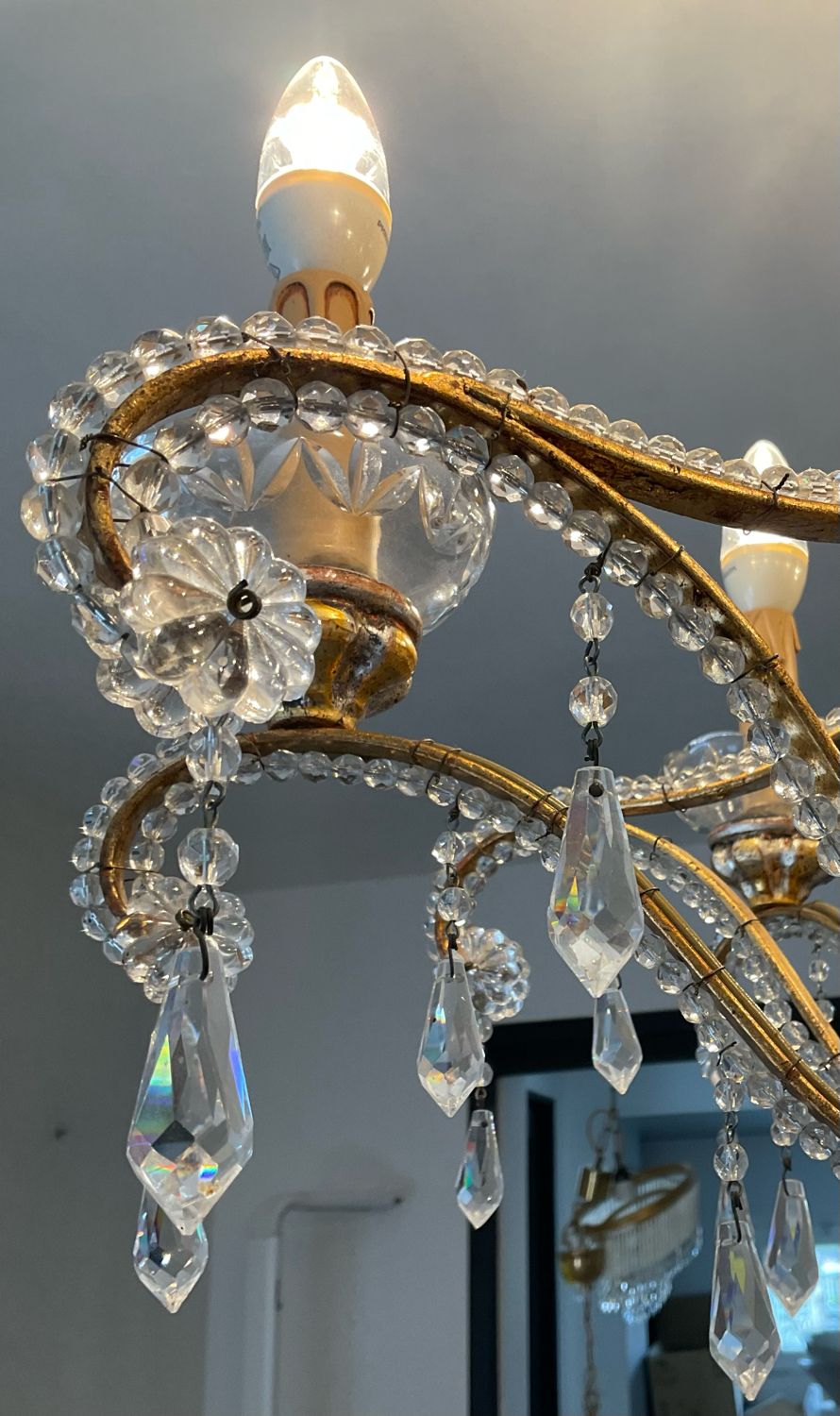 Old Venetian chandelier with Bohemian crystal tassels and gilded wood