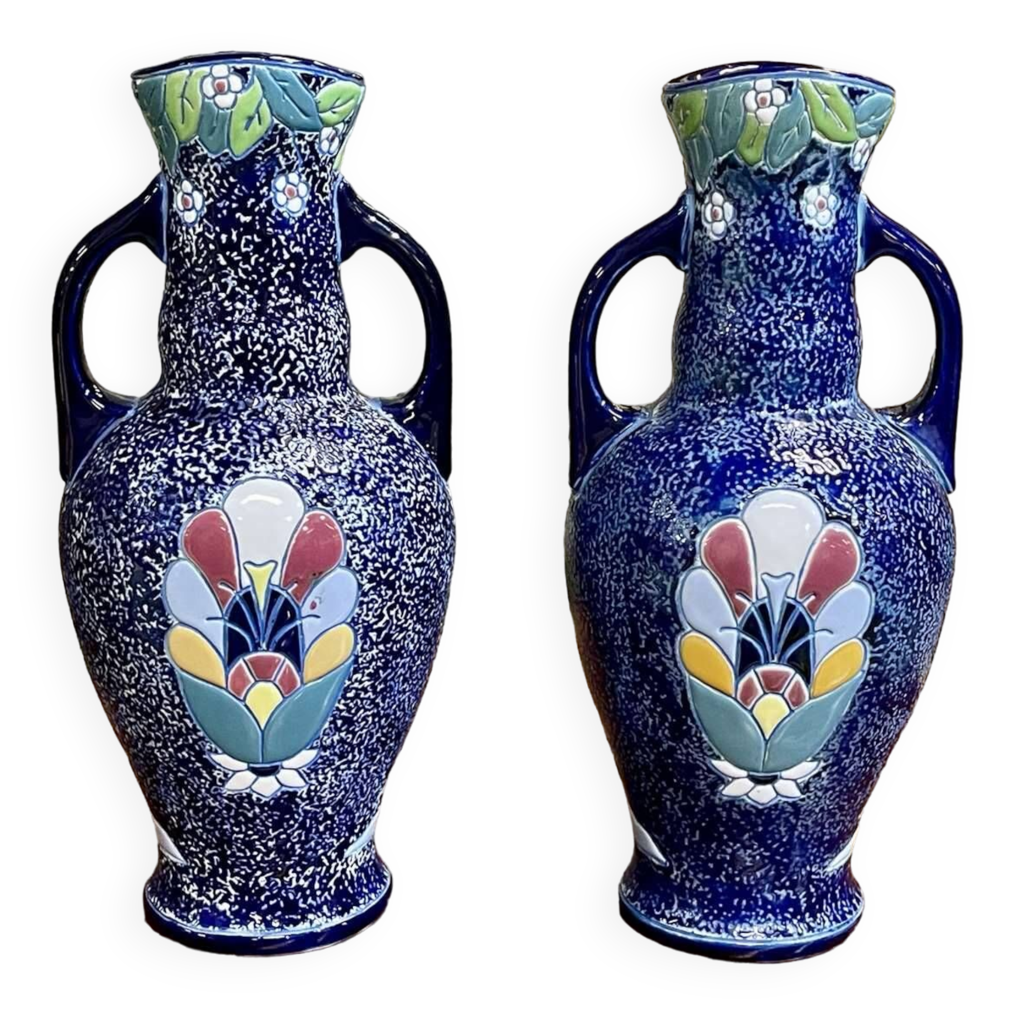 Pair of art deco enameled earthenware vases signed Amphora - Made in Czechoslovakia