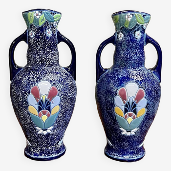 Paire de vases Art Déco en faïence émaillée signée Amphora, Tchécoslovaquie