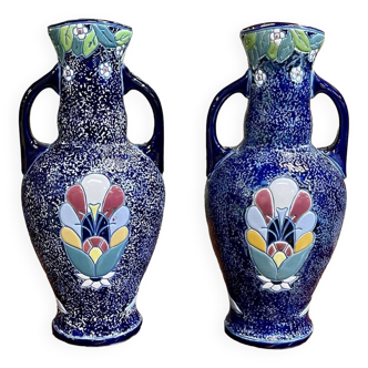 Paire de vases Art Déco en faïence émaillée signée Amphora, Tchécoslovaquie