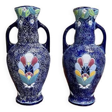 Pair of art deco enameled earthenware vases signed Amphora - Made in Czechoslovakia