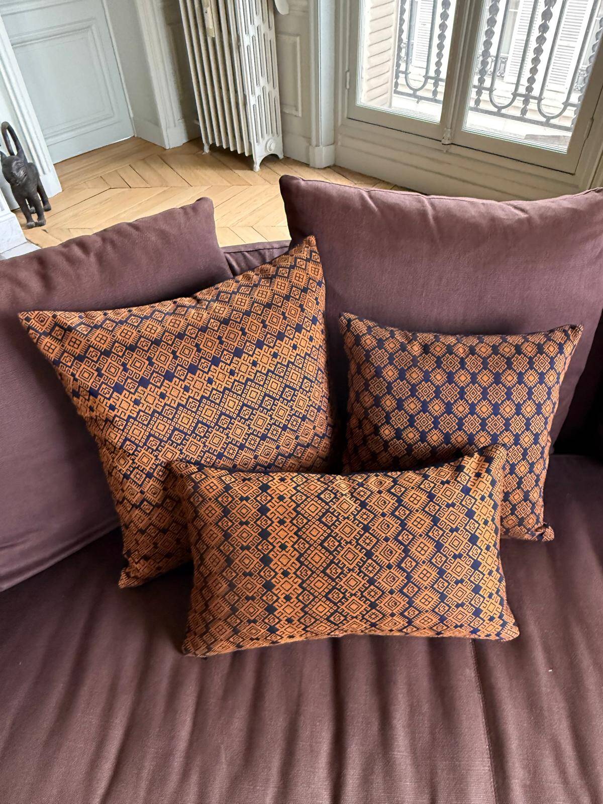 Navy blue and orange Kachin cushion cover (RIDA)