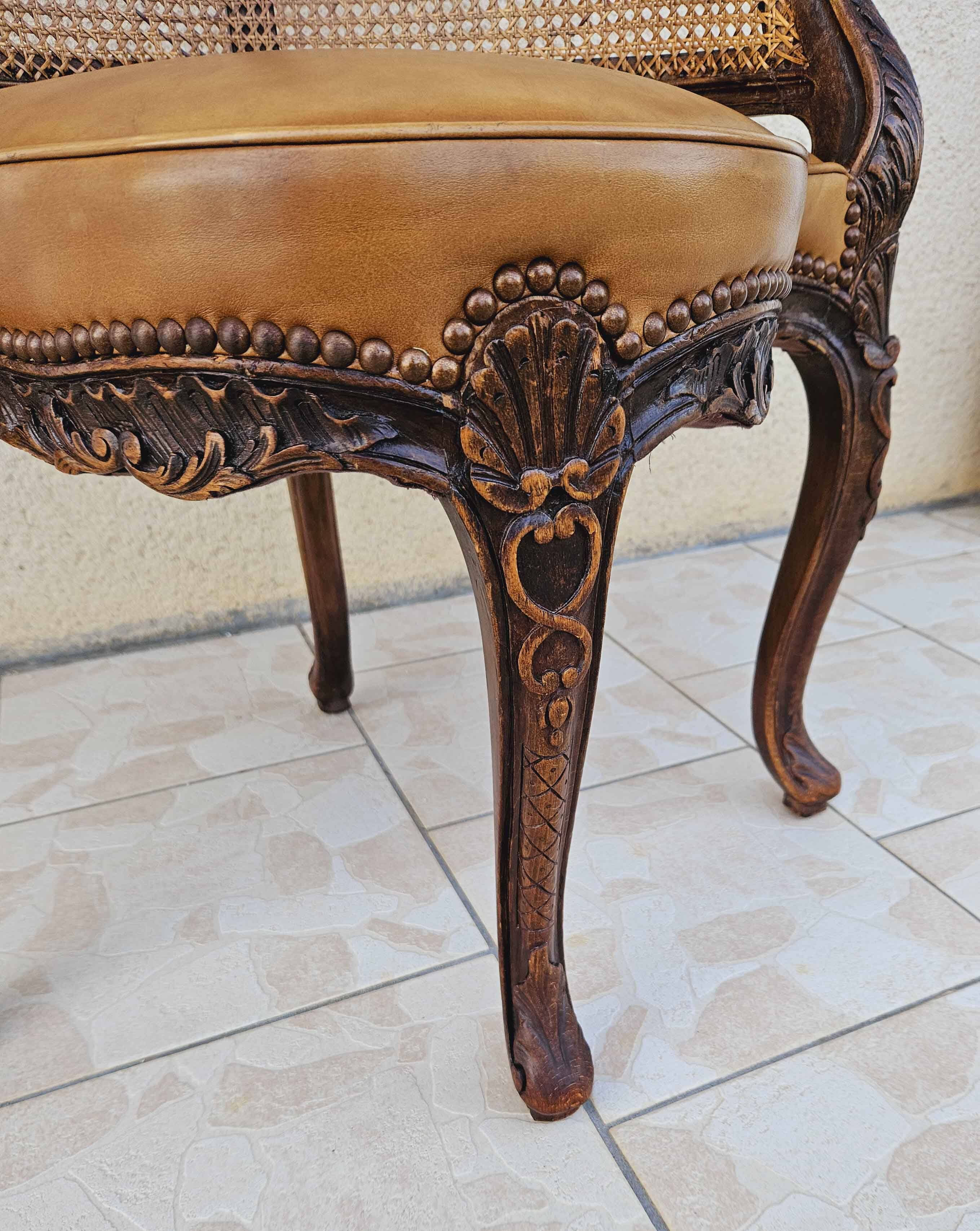 Louis xv office armchair, carved, cane, leather trimmed