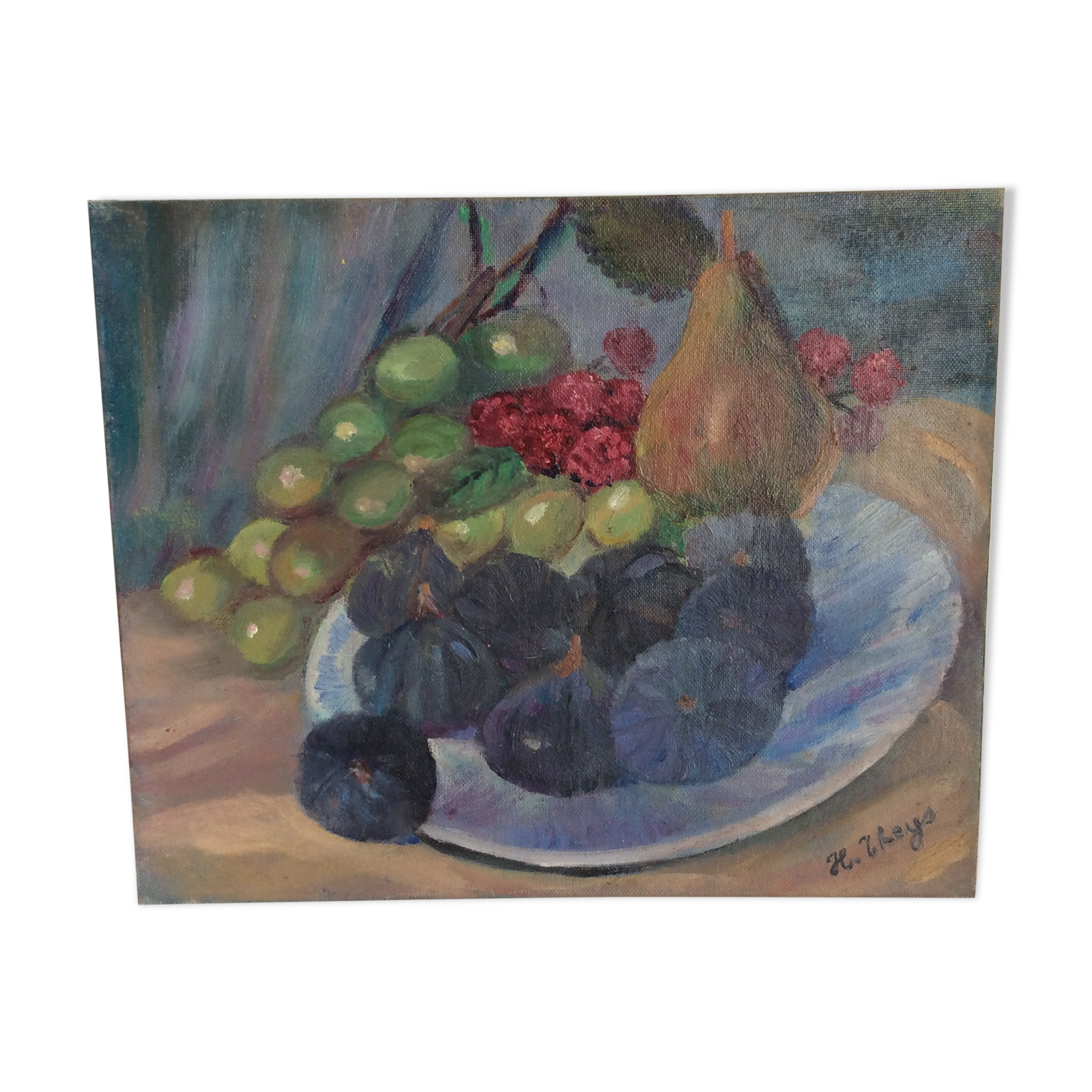 Tableau ancien, corbeille de fruits