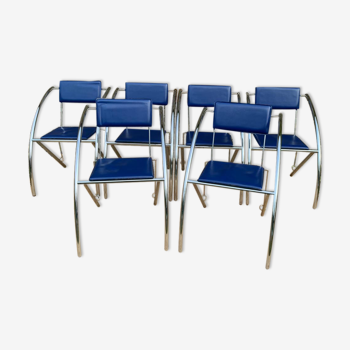 Set of 6 blue chairs with design curves