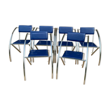 Set of 6 blue chairs with design curves
