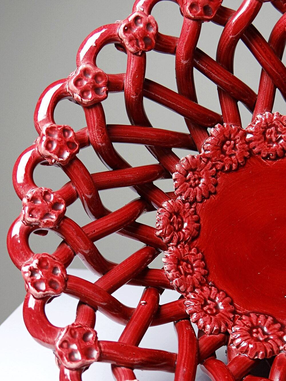 Small vintage 1970s-90s openwork braided red ceramic bowl by Pichon Uzès