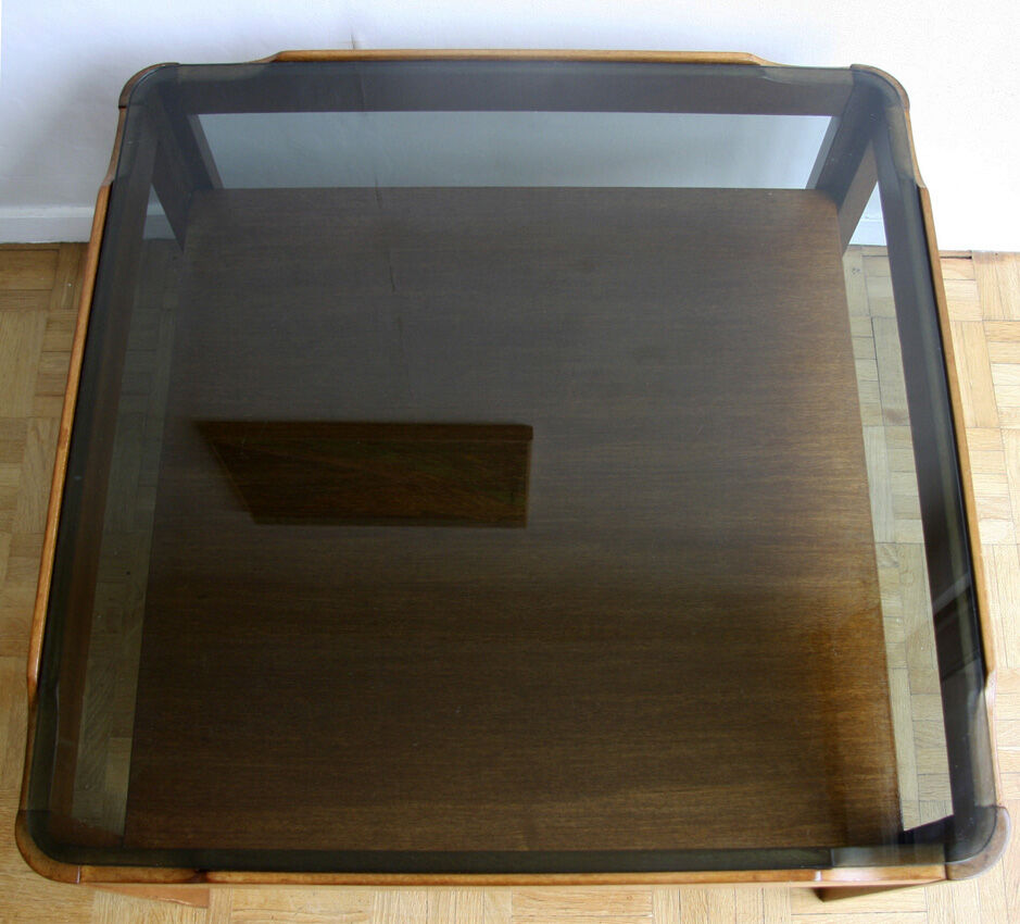 Table basse carrée en teck et verre - 1970