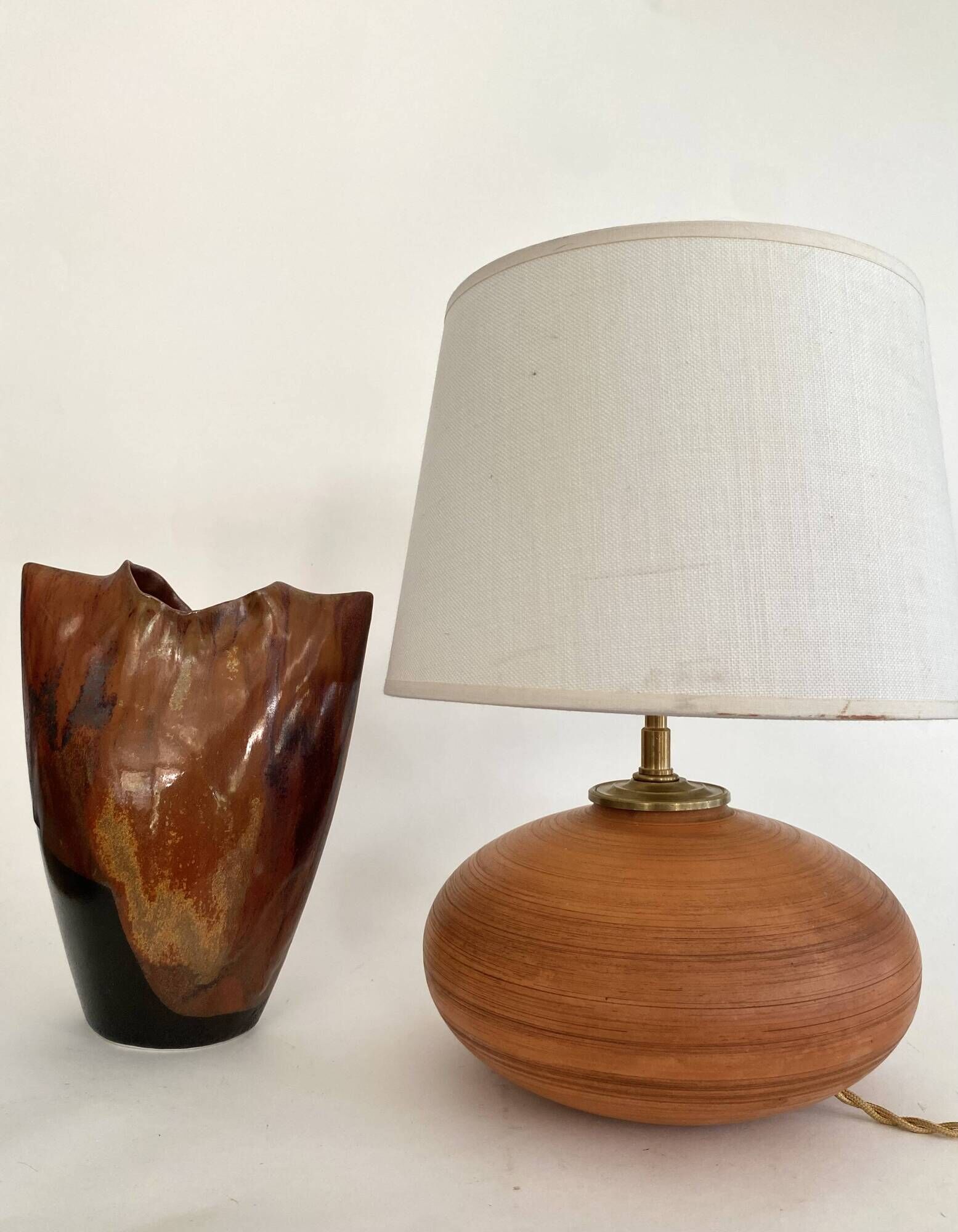Lampe céramique, câble 2 M tissu neuf, abat-jour coton