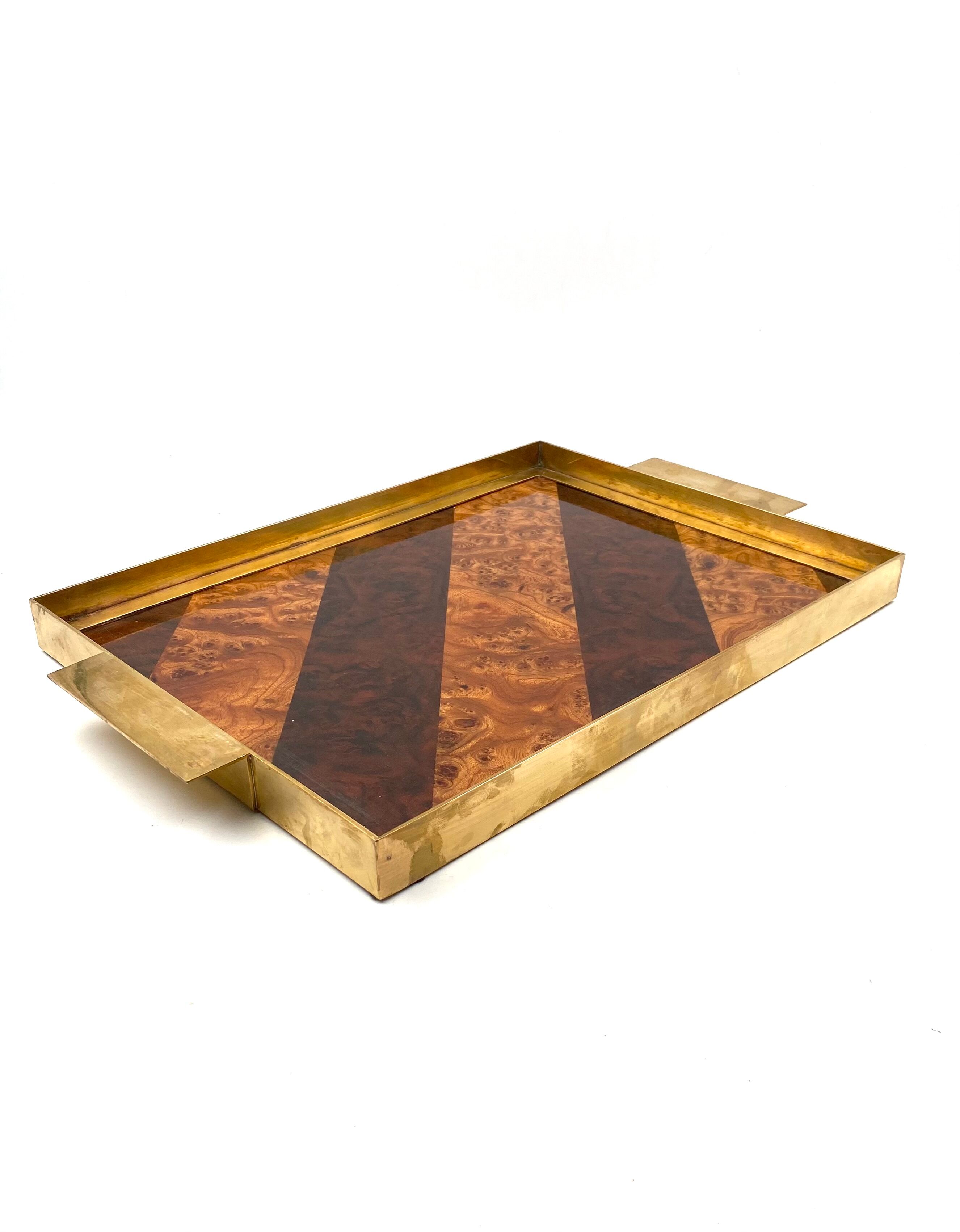 Brass and inlaid woods tray, italy 1970s