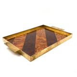 Brass and inlaid woods tray, italy 1970s