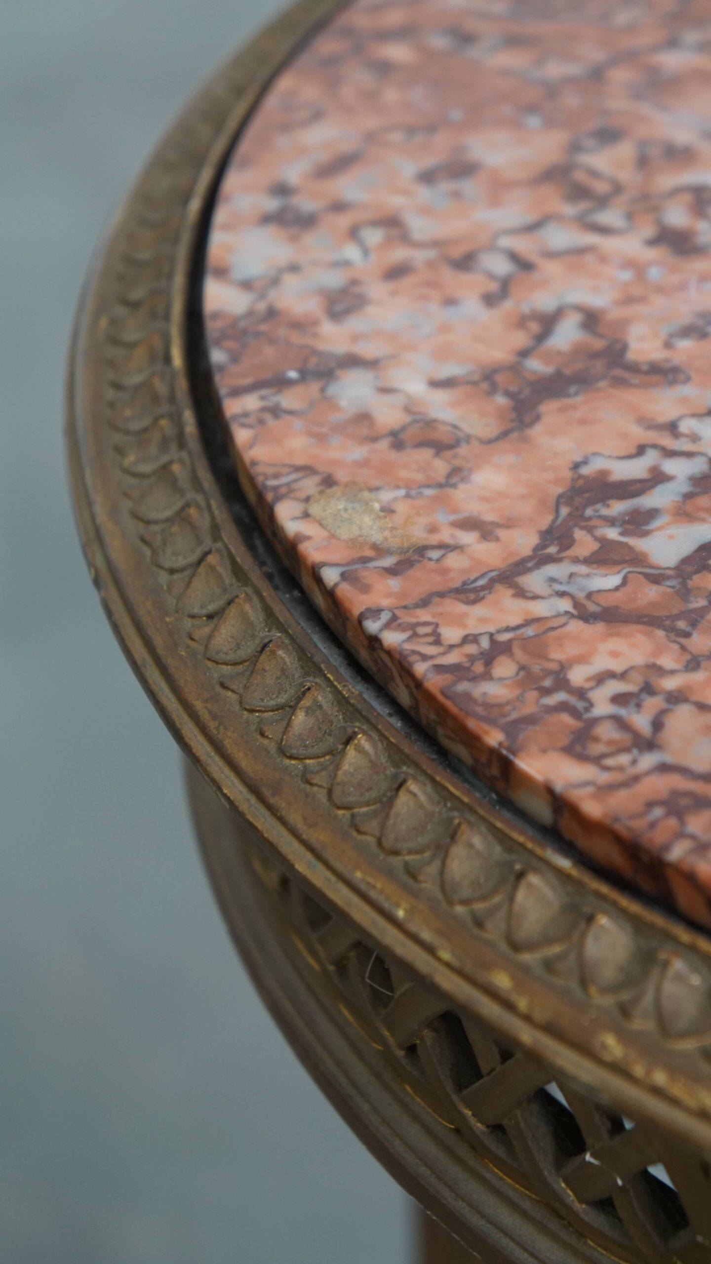 Antique French side table with a gold-coloured wooden frame and marble top
