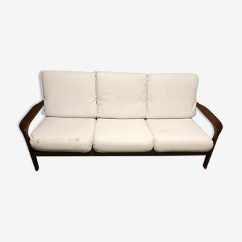 Bench 3 seats in Scandinavian teak white cushions