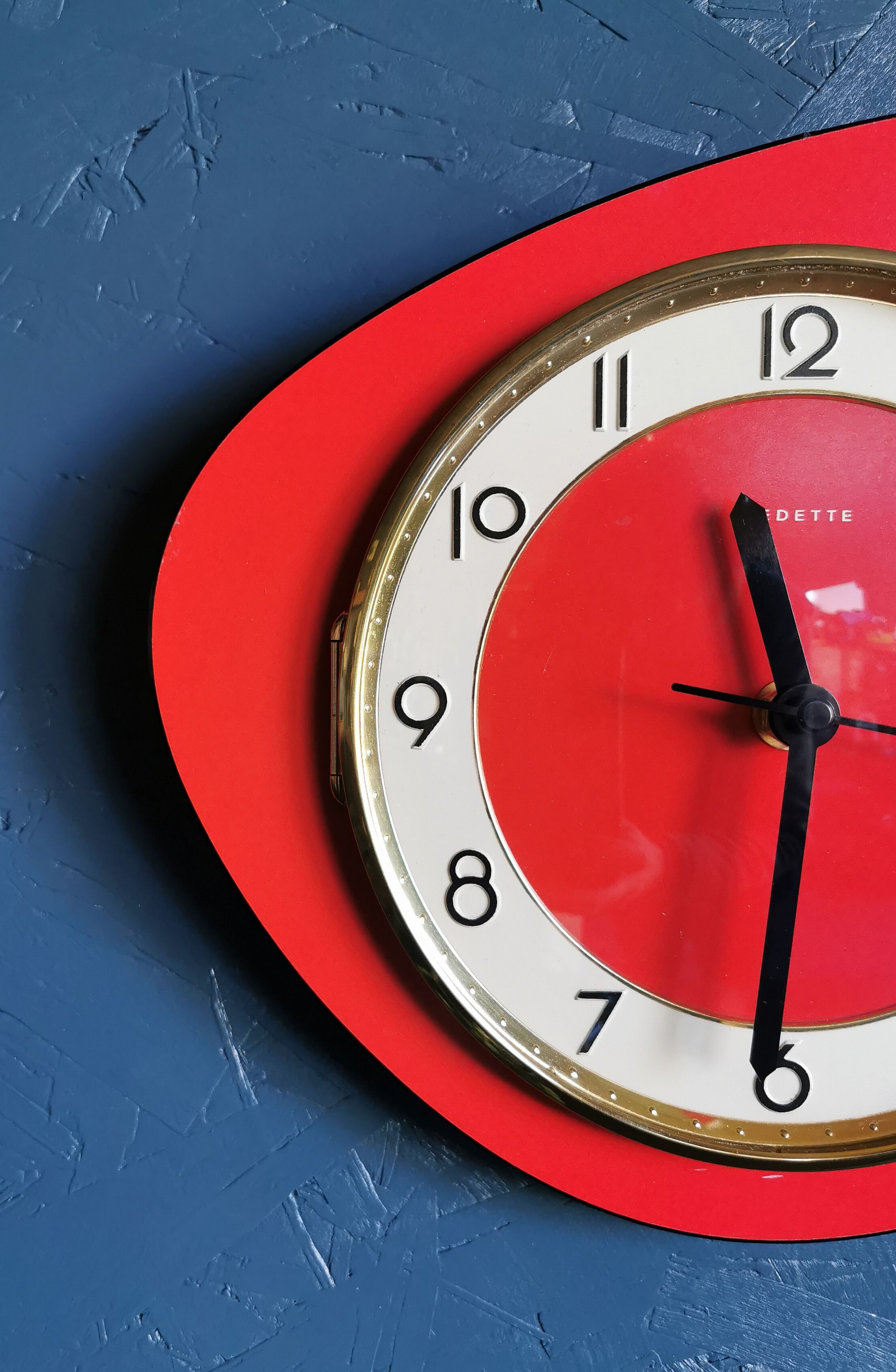 Vintage formica clock asymmetrical silent wall clock "Red Star"