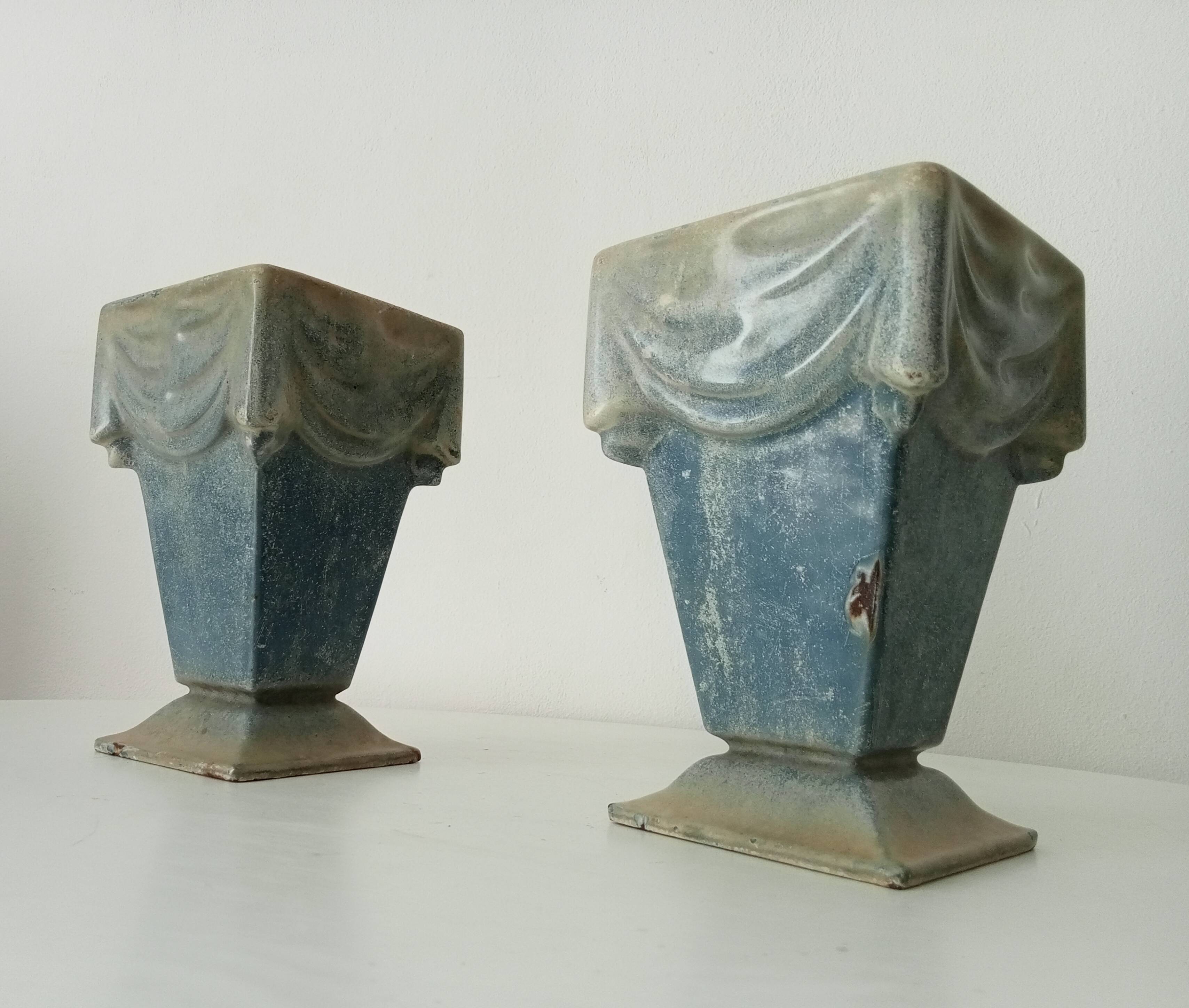 Pair of old art deco vases in enameled cast iron