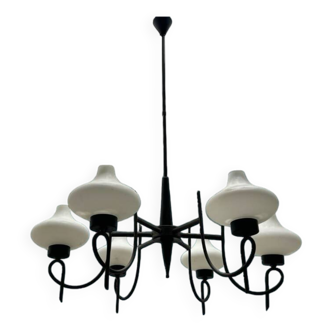 Italian Bronze Opaline Glass Chandelier 1950’s