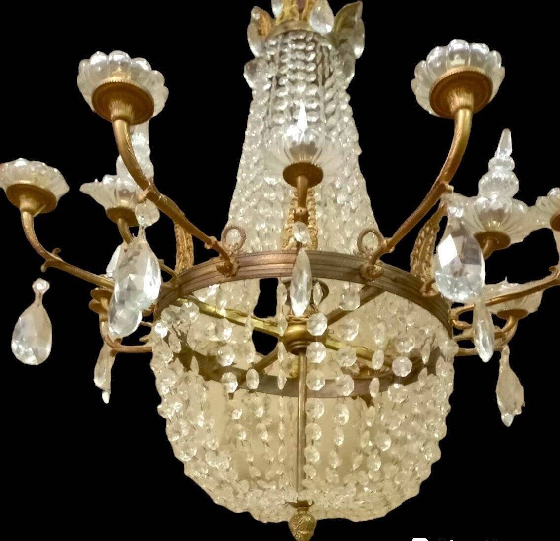 Large curved chandelier floor lamp in bronze and crystal, 19th century