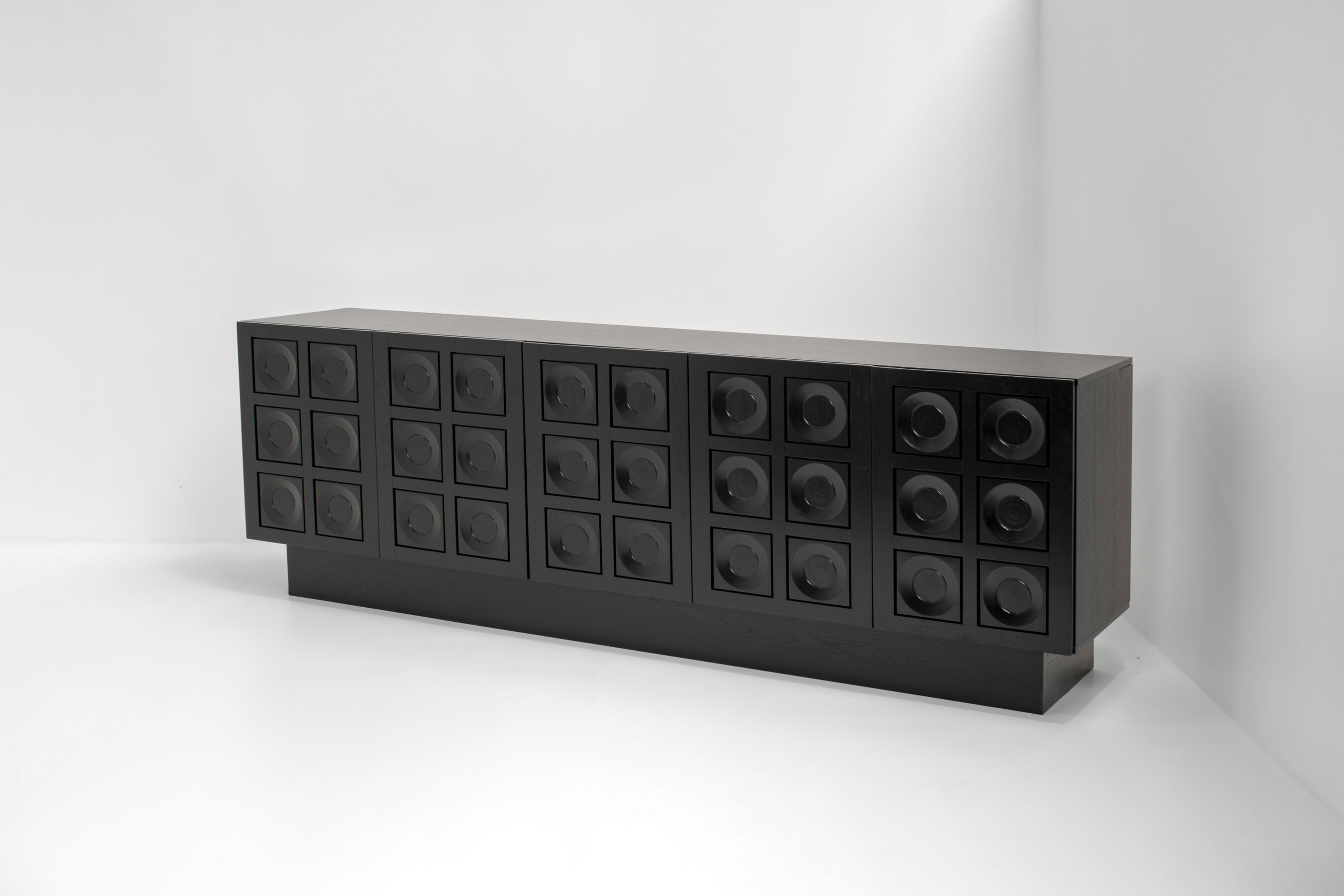 Black brutalist sideboard with graphic patterned doors, belgium 1970s