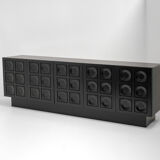 Black brutalist sideboard with graphic patterned doors, belgium 1970s